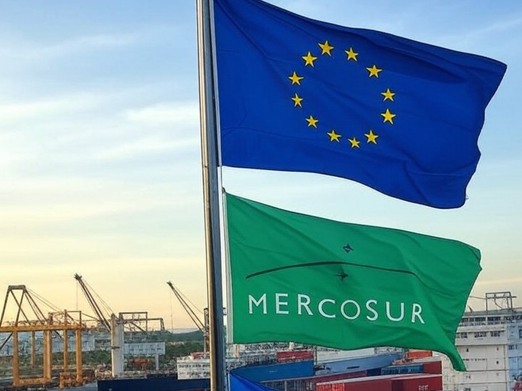 Bandeiras da UE e Mercosul no Porto de Santos, representando acordo comercial histórico entre blocos econômicos.