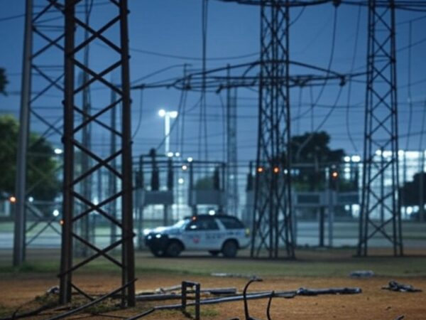 Subestação elétrica no DF com cabos furtados e viatura policial, cena de tentativa de furto em Brasília.
