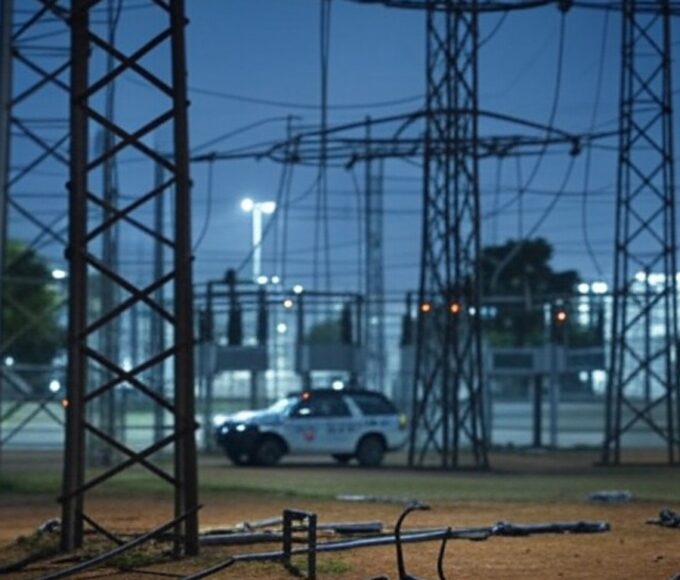Subestação elétrica no DF com cabos furtados e viatura policial, cena de tentativa de furto em Brasília.