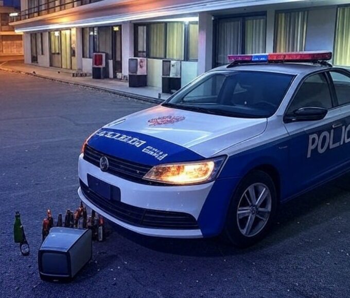 Viatura da polícia em frente a motel no Núcleo Bandeirante após tentativa de furto de TV e itens de frigobar.