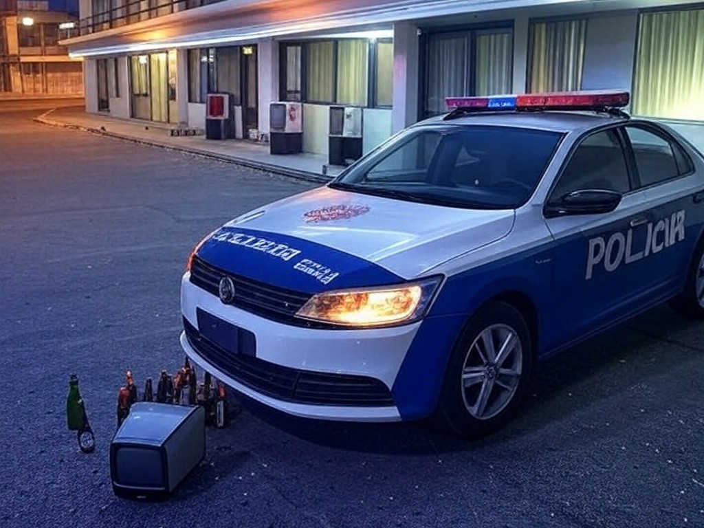 Viatura da polícia em frente a motel no Núcleo Bandeirante após tentativa de furto de TV e itens de frigobar.