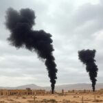 Paisagem desértica na Síria com fumaça de bombardeios contra Estado Islâmico, em resposta a mortes de militares dos EUA.