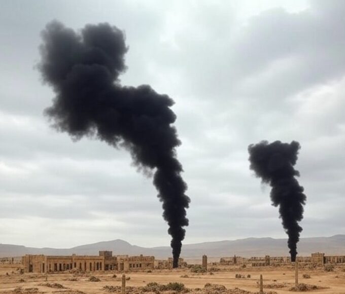 Paisagem desértica na Síria com fumaça de bombardeios contra Estado Islâmico, em resposta a mortes de militares dos EUA.