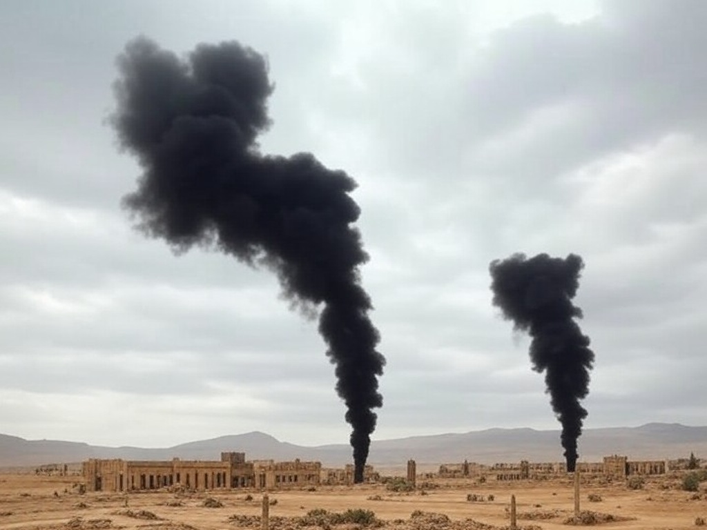 Paisagem desértica na Síria com fumaça de bombardeios contra Estado Islâmico, em resposta a mortes de militares dos EUA.