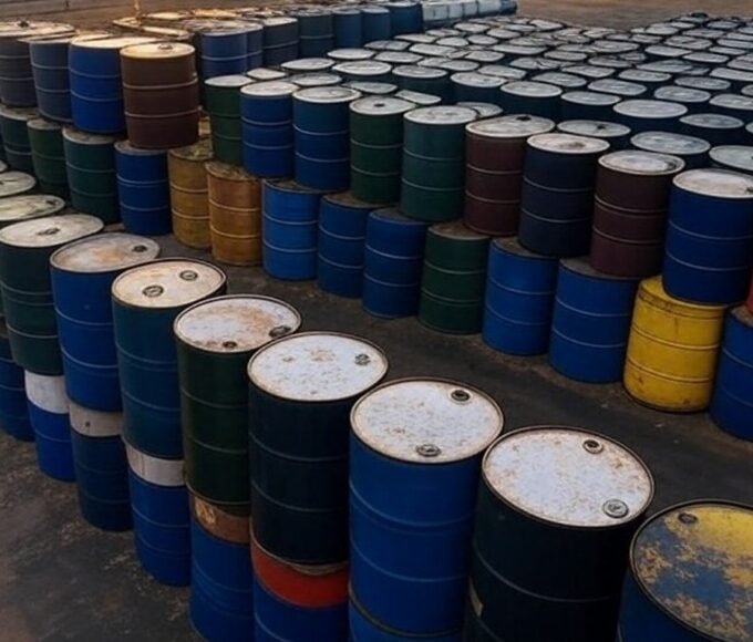 Barris de petróleo em porto brasileiro simbolizando fim de suprimentos da Venezuela para Cuba e sugestão de acordo por Trump.