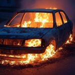 Carro carbonizado em chamas na rua do Estrutural, DF, com fumaça e fogo intenso em área urbana periférica.