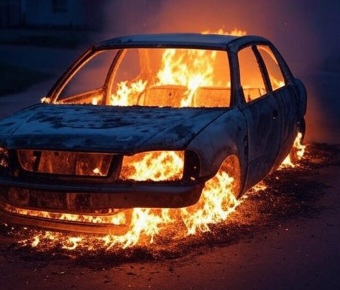 Carro carbonizado em chamas na rua do Estrutural, DF, com fumaça e fogo intenso em área urbana periférica.