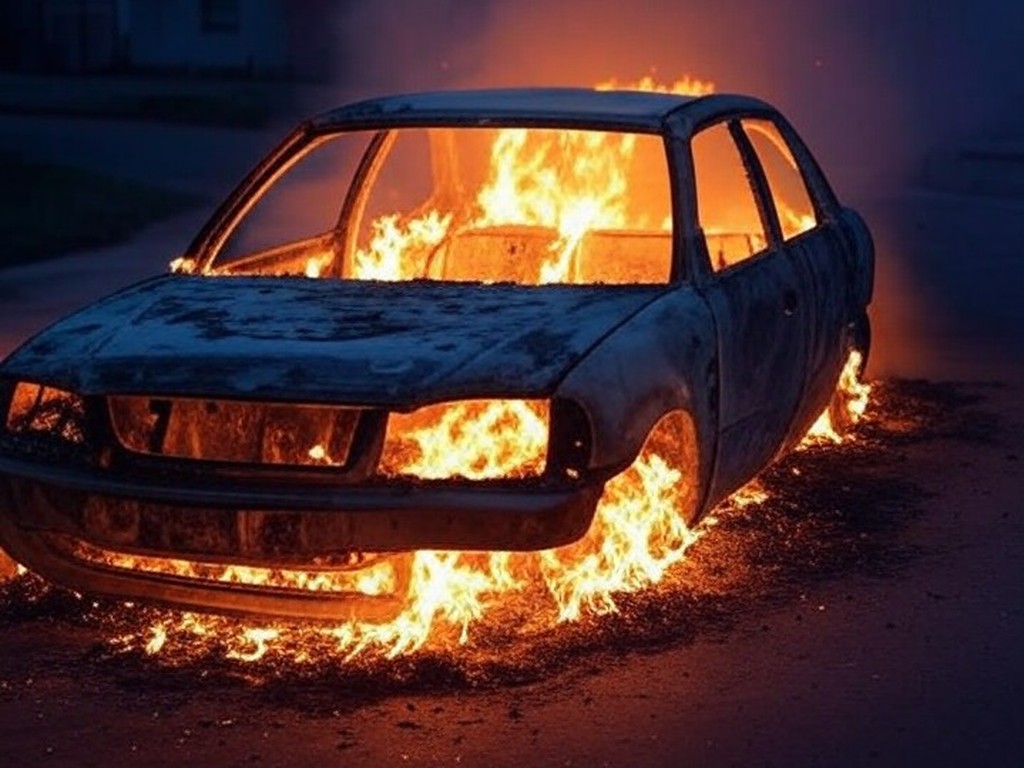 Carro carbonizado em chamas na rua do Estrutural, DF, com fumaça e fogo intenso em área urbana periférica.