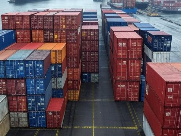 Porto marítimo no Brasil com contêineres e navios, simbolizando tarifas comerciais impostas a negociações com o Irã.