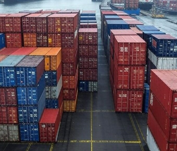 Porto marítimo no Brasil com contêineres e navios, simbolizando tarifas comerciais impostas a negociações com o Irã.