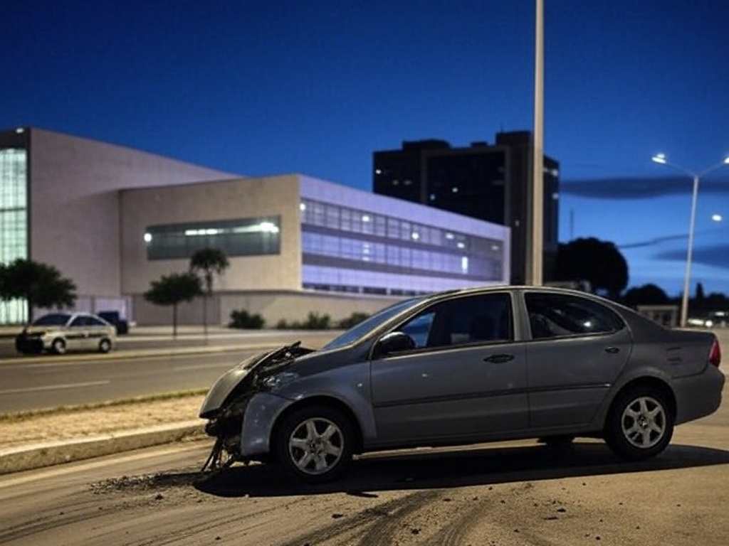 Cena de acidente em rua de Brasília com viatura da PMDF e marcas de pneus no asfalto.