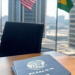 Passaporte brasileiro e bandeiras dos EUA e Brasil em edifício diplomático no Rio de Janeiro.