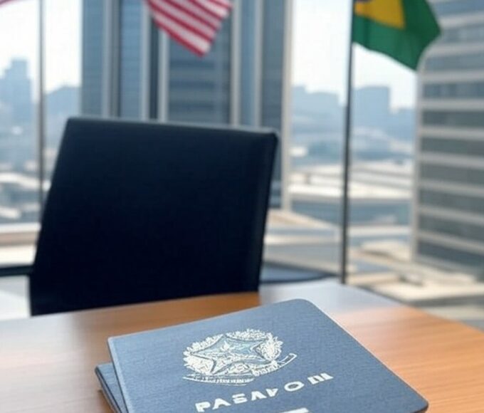 Passaporte brasileiro e bandeiras dos EUA e Brasil em edifício diplomático no Rio de Janeiro.