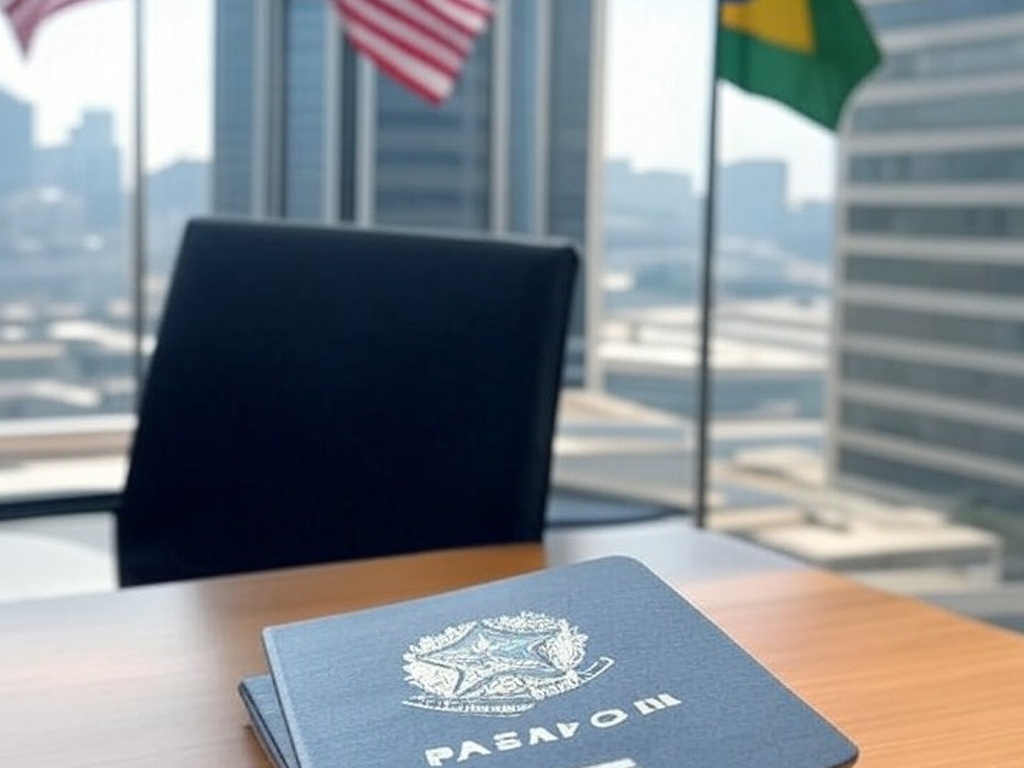 Passaporte brasileiro e bandeiras dos EUA e Brasil em edifício diplomático no Rio de Janeiro.