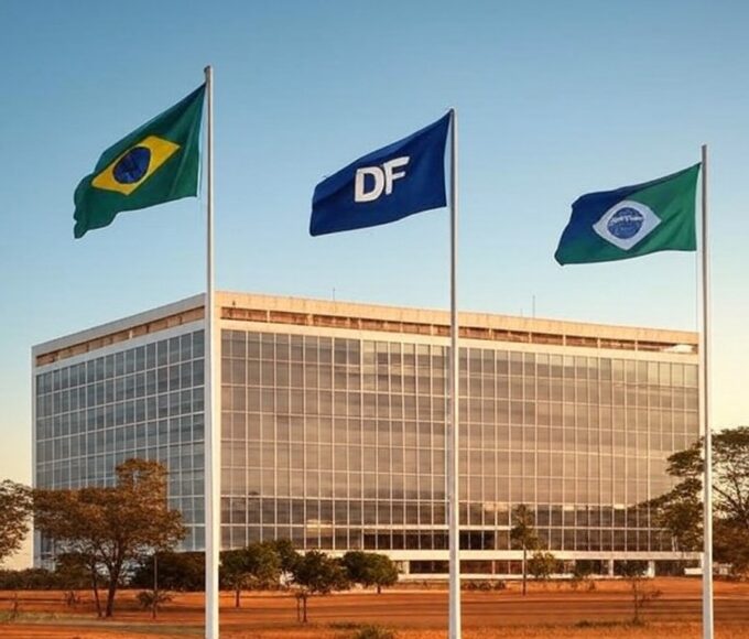 Prédio administrativo em Brasília representando divulgação de selecionados para o Programa Preparação DF pela Sedet-DF, com matrículas iniciando.