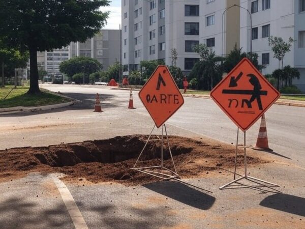 Rua na Asa Norte com tubulações expostas para manutenção no abastecimento de água em Brasília.