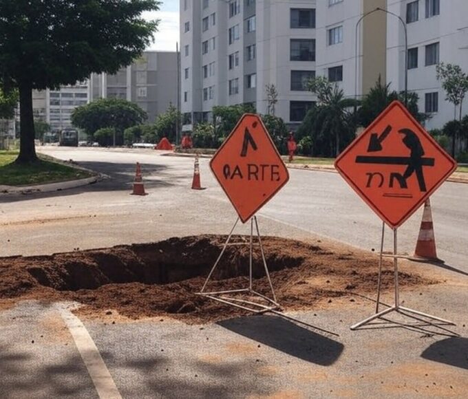 Rua na Asa Norte com tubulações expostas para manutenção no abastecimento de água em Brasília.