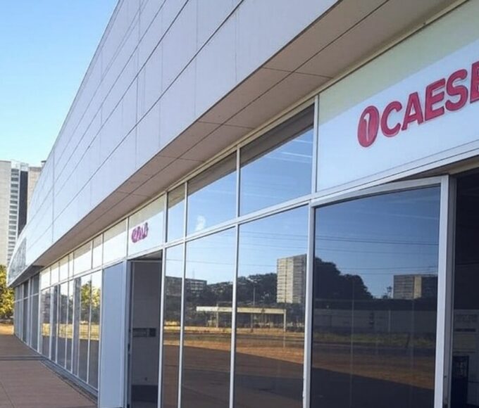 Agência da Caesb em Brasília com placa de horários de atendimento presencial ampliados no DF.