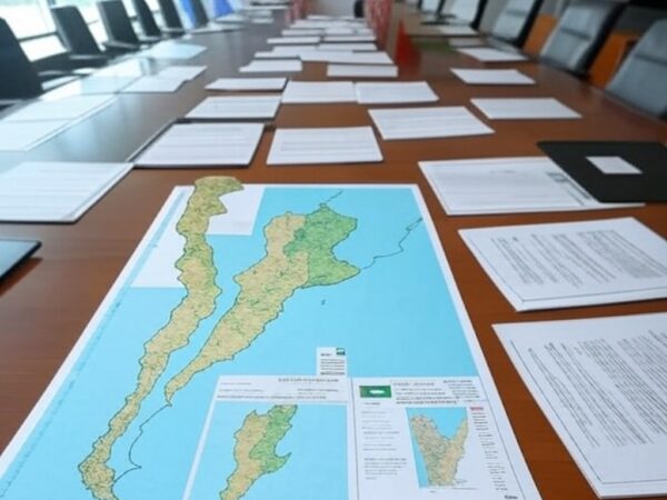 Mesa de conferência com bandeiras da Argentina, EUA e Palestina, documentos de paz para Gaza e mapa da região.