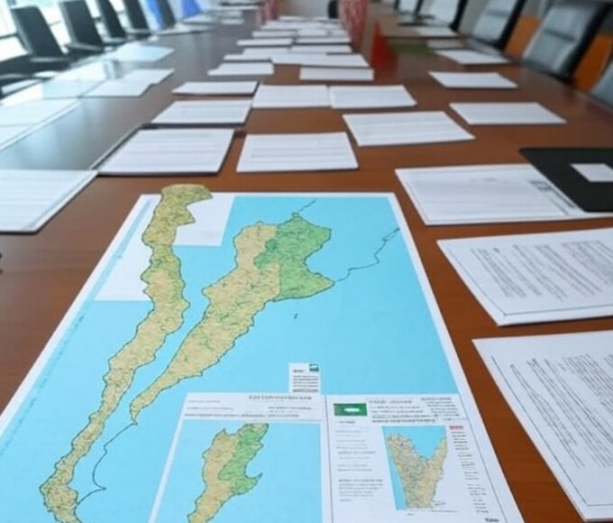 Mesa de conferência com bandeiras da Argentina, EUA e Palestina, documentos de paz para Gaza e mapa da região.