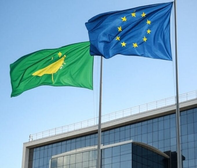 Bandeiras da UE e Mercosul em frente ao Palácio do Itamaraty em Brasília, simbolizando acordo de livre-comércio.
