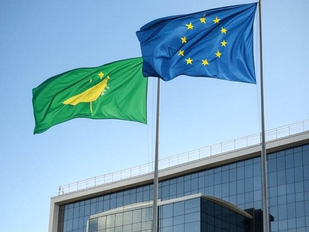 Bandeiras da UE e Mercosul em frente ao Palácio do Itamaraty em Brasília, simbolizando acordo de livre-comércio.