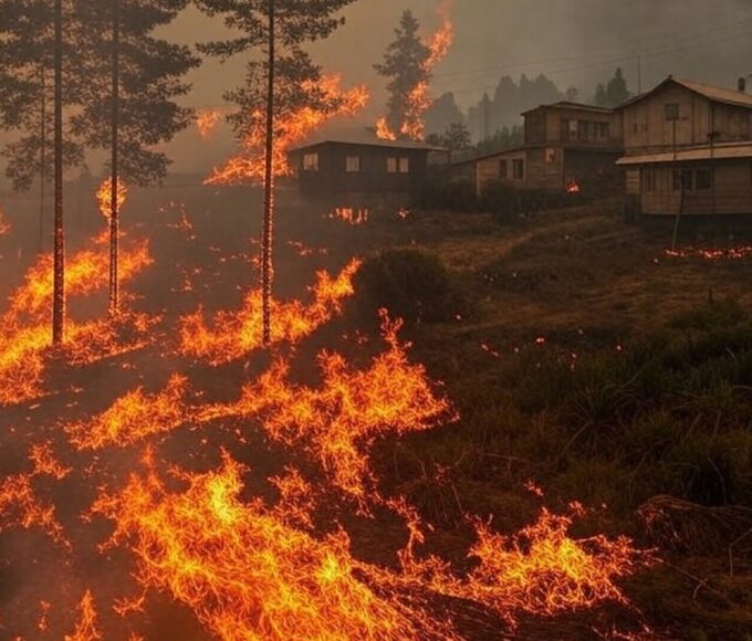 Incêndios florestais devastando florestas e residências em Ñuble e Biobío, Chile, com chamas e fumaça intensa.