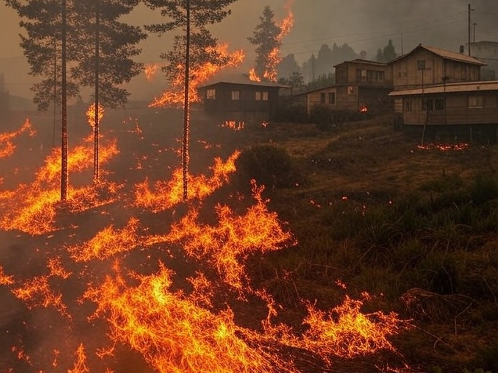 Incêndios florestais devastando florestas e residências em Ñuble e Biobío, Chile, com chamas e fumaça intensa.