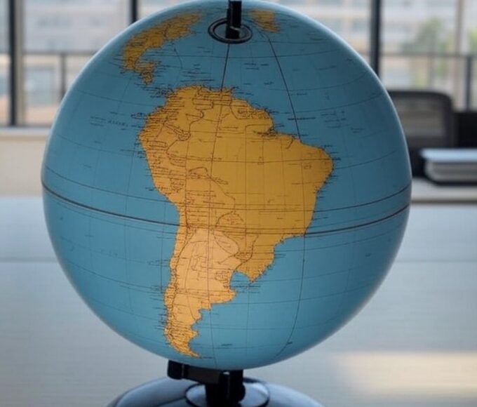 Imagem de globo terrestre destacando Portugal com símbolos de polarização e instabilidade global, em ambiente brasileiro.