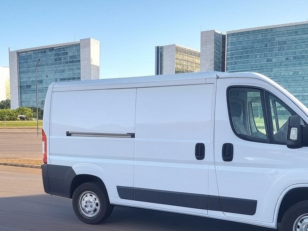 Van de atendimento itinerante da Neoenergia em rua de Brasília, com arquitetura moderna ao fundo.