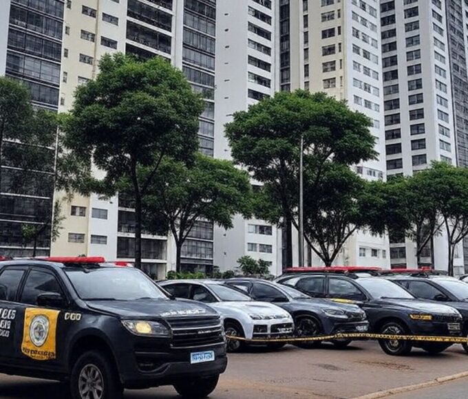 Condomínio residencial no Gama com viaturas da Polícia Militar, indicando incidente de violência doméstica.