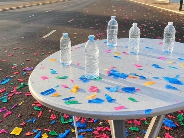 Rua em Brasília com decorações de Carnaval e garrafas de água, alertando para hidratação no Carnaval de 2026.