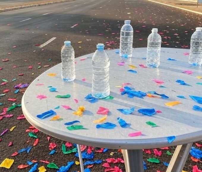 Rua em Brasília com decorações de Carnaval e garrafas de água, alertando para hidratação no Carnaval de 2026.