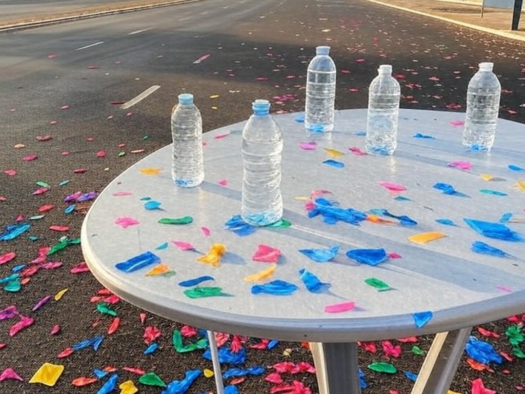Rua em Brasília com decorações de Carnaval e garrafas de água, alertando para hidratação no Carnaval de 2026.