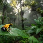 Sapo venenoso colorido na Floresta Amazônica brasileira, simbolizando toxina epibatidina em acusações de envenenamento rejeitadas pelo Kremlin.