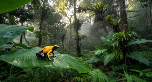 Sapo venenoso colorido na Floresta Amazônica brasileira, simbolizando toxina epibatidina em acusações de envenenamento rejeitadas pelo Kremlin.