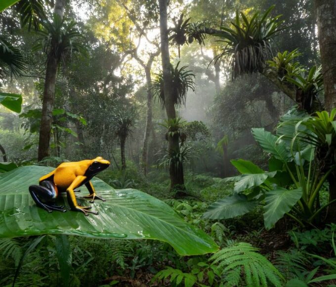 Sapo venenoso colorido na Floresta Amazônica brasileira, simbolizando toxina epibatidina em acusações de envenenamento rejeitadas pelo Kremlin.