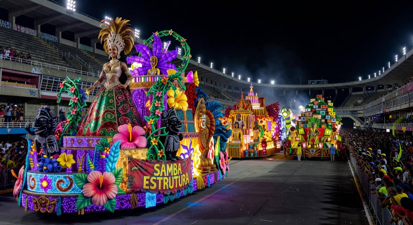 Desfile de samba no Sambódromo do Rio de Janeiro com carros alegóricos coloridos, representando homenagem polêmica.