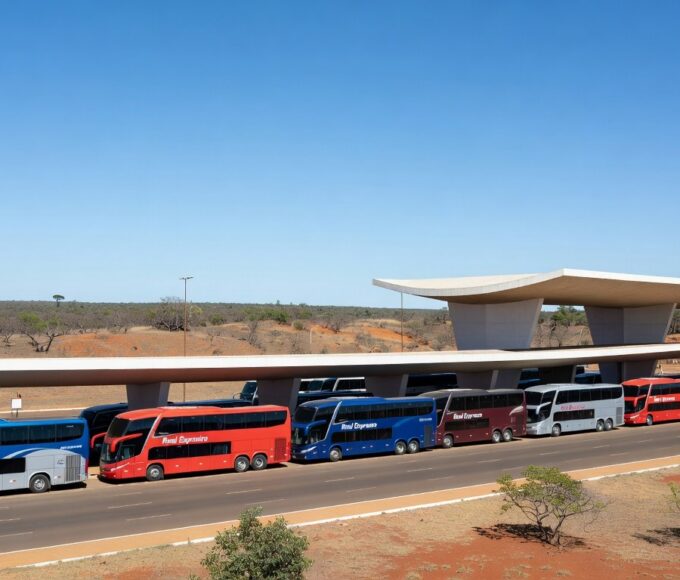 Ônibus intermunicipais em rodoviária de Brasília, representando reajuste de 2,5% nas passagens entre DF e Entorno.