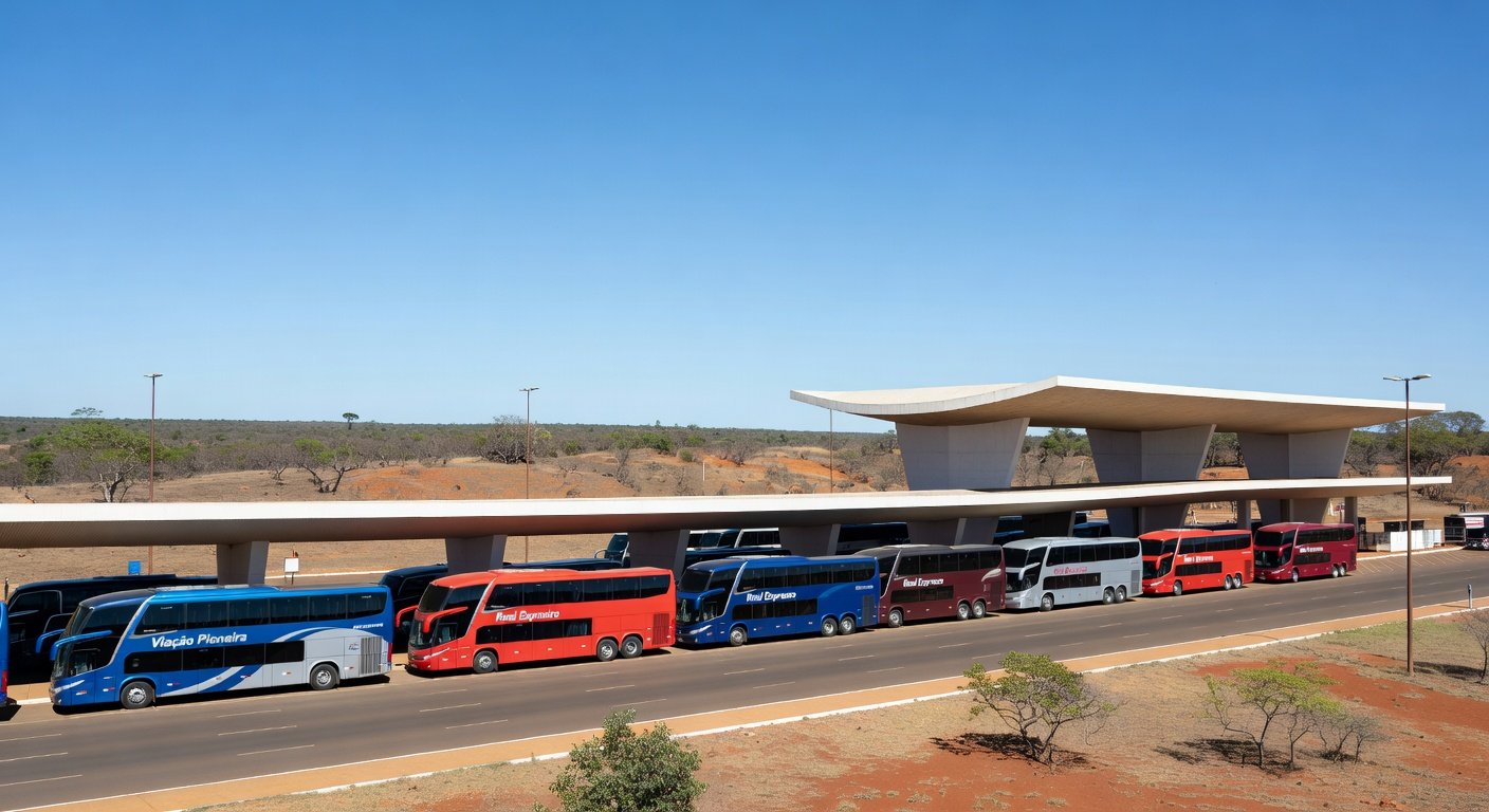 Ônibus intermunicipais em rodoviária de Brasília, representando reajuste de 2,5% nas passagens entre DF e Entorno.