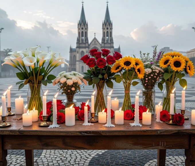 Memorial com velas e flores na Praça da Sé, São Paulo, simbolizando luto por ícone dos direitos civis.
