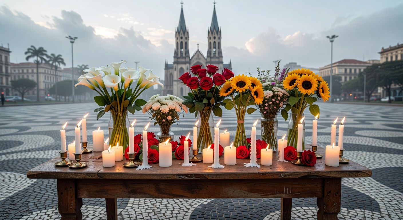 Memorial com velas e flores na Praça da Sé, São Paulo, simbolizando luto por ícone dos direitos civis.