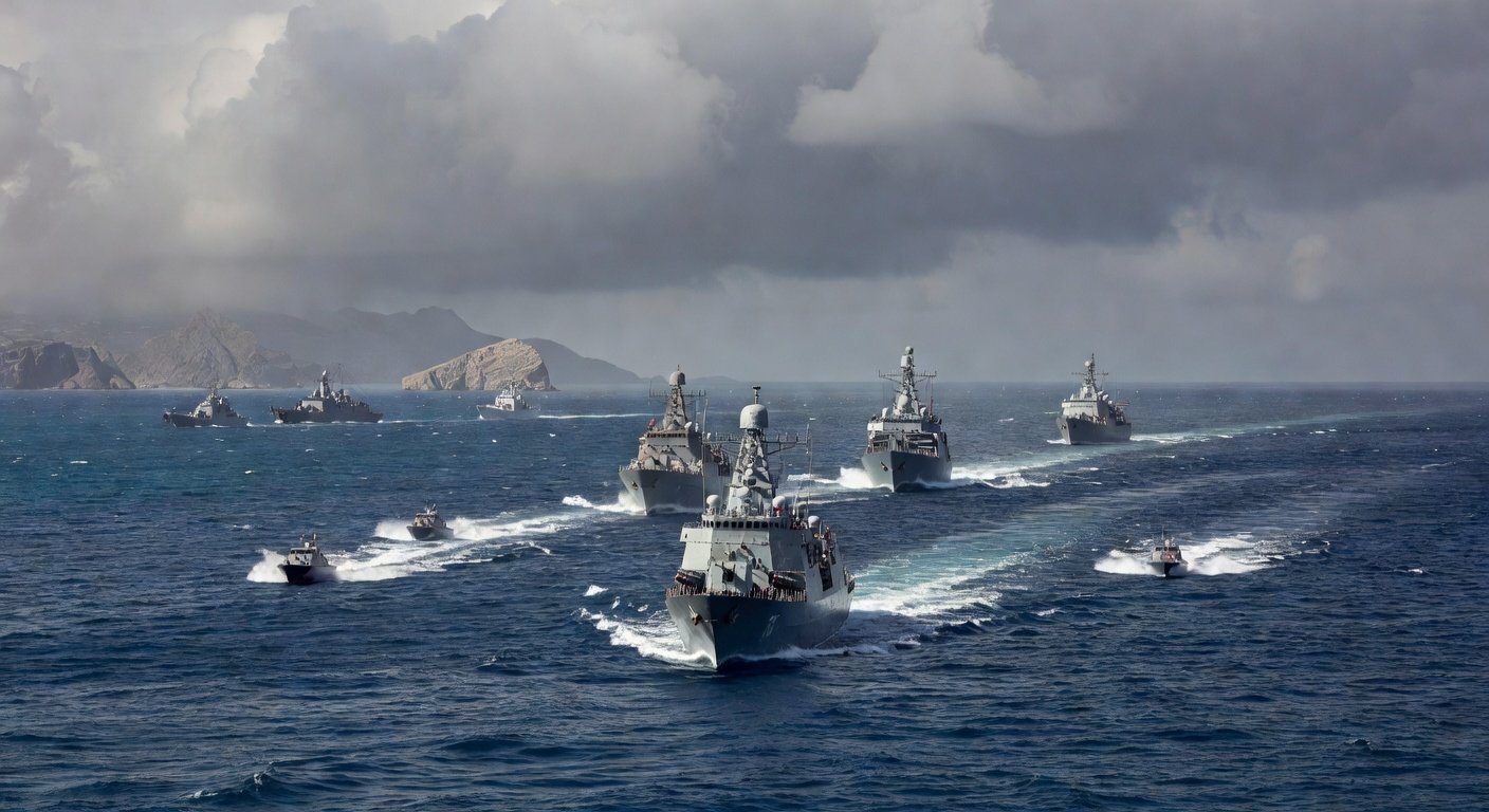 Navios militares do Irã no Estreito de Ormuz durante exercícios e negociações com EUA.