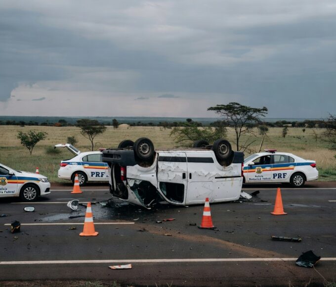 Cena de acidente com van clandestina capotada na BR-020, viaturas da PRF ao redor, paisagem brasileira.
