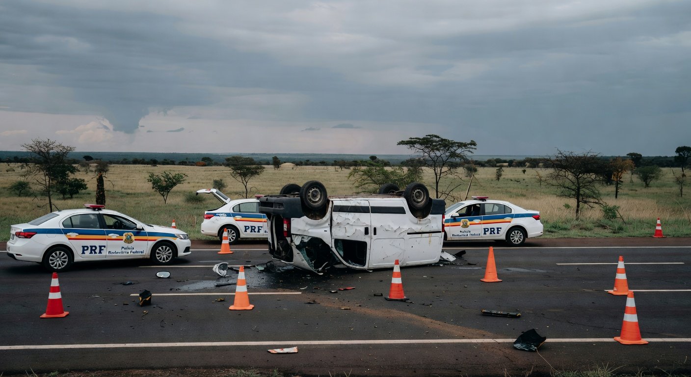 Cena de acidente com van clandestina capotada na BR-020, viaturas da PRF ao redor, paisagem brasileira.