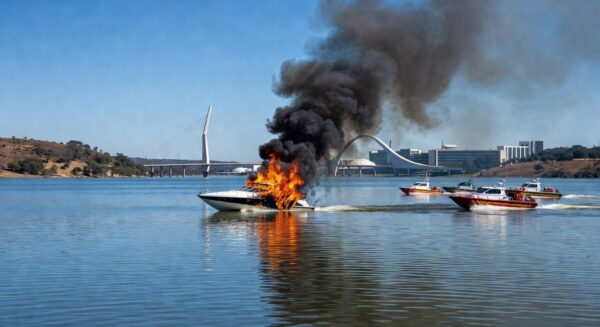Incêndio em lancha no Lago Paranoá, Brasília, com chamas e fumaça sobre a água.