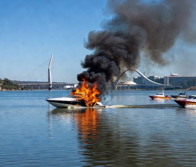 Incêndio em lancha no Lago Paranoá, Brasília, com chamas e fumaça sobre a água.