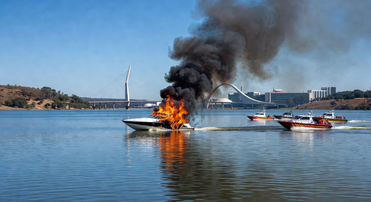 Incêndio em lancha no Lago Paranoá, Brasília, com chamas e fumaça sobre a água.
