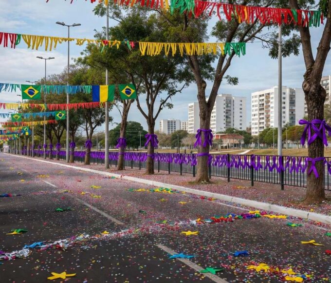 Rua em Brasília no Carnaval com cartazes de campanha contra assédio e confetes no chão.