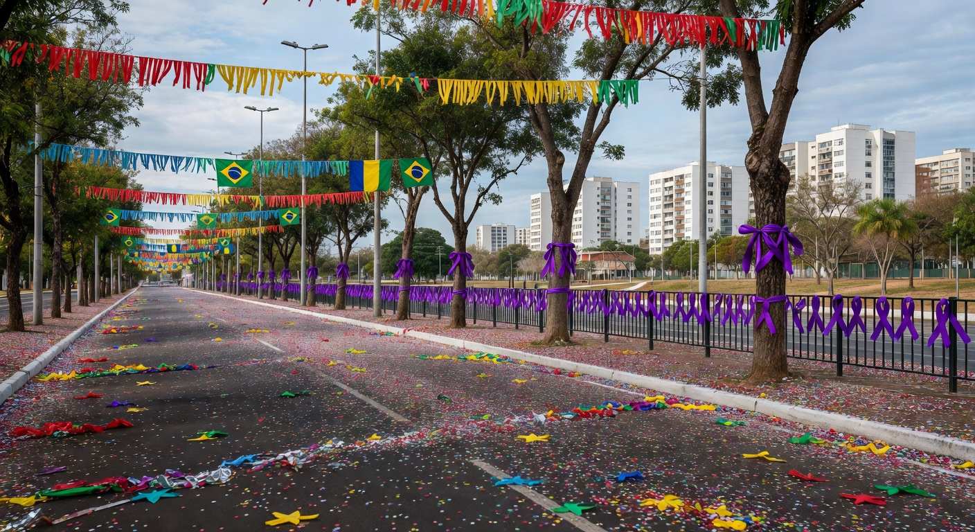 Rua em Brasília no Carnaval com cartazes de campanha contra assédio e confetes no chão.